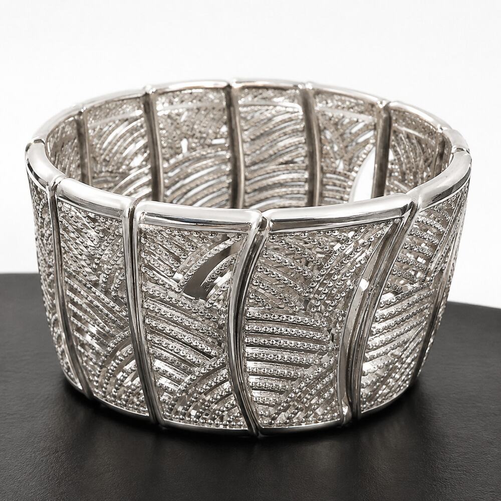 G by Gennaro Womens Silver Tone Wide Stretch Bracelet Openwork Statement NWT
